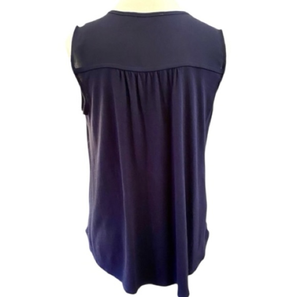 LOFT Navy Tie-Neck Sleeveless Blouse S – Sheer Front, Flowy Knit Back, Work-Chic - Picture 3 of 7